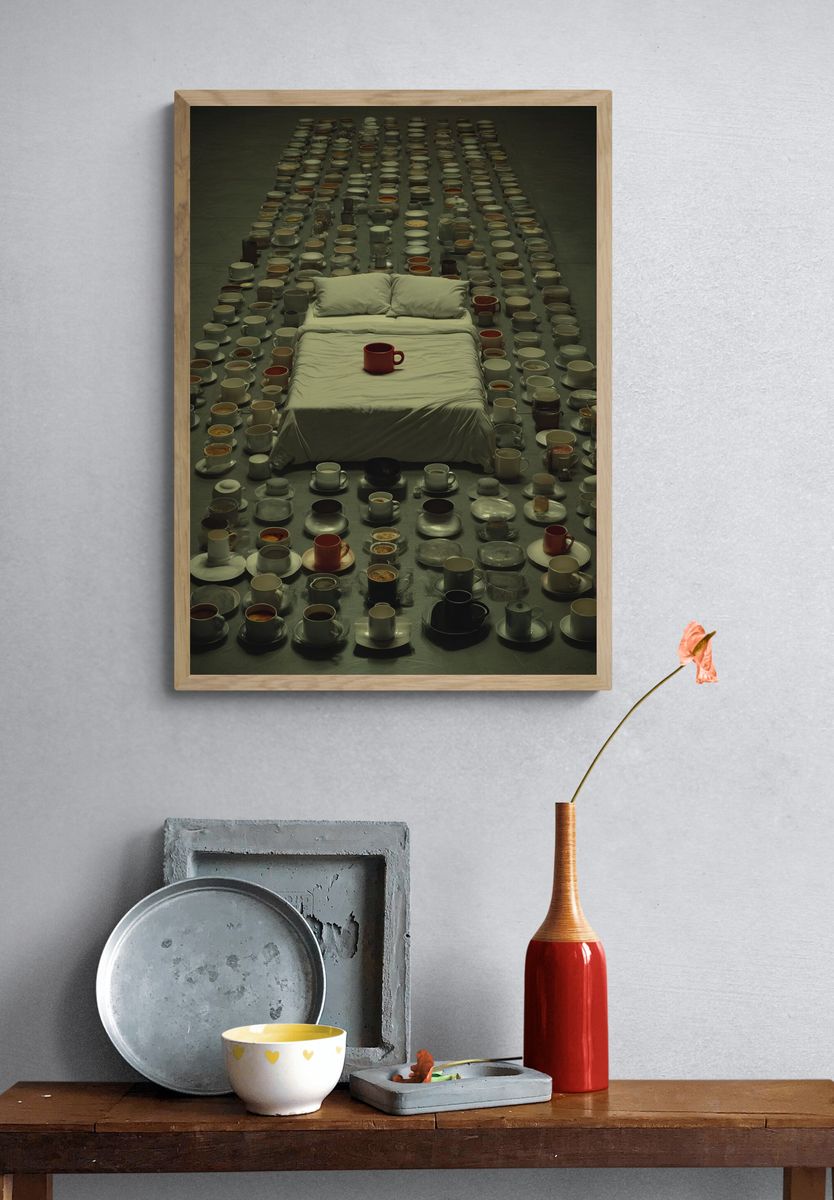 Surreal Coffee Cups Bedroom Print. — room view 3