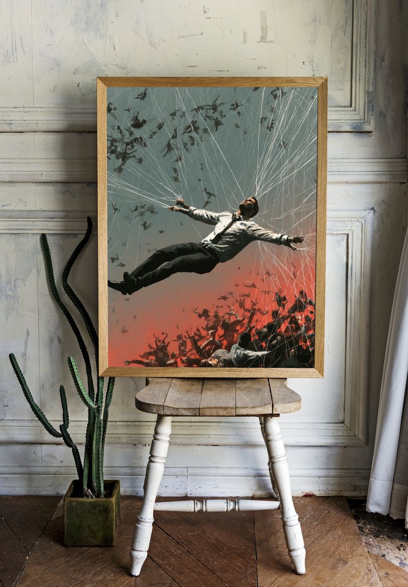 Suspended Man Surrealism Poster. room preview