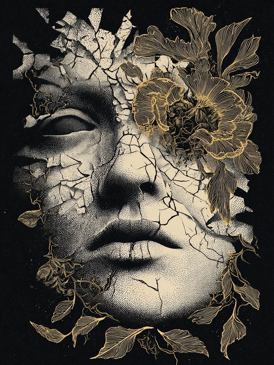 Cracked Face Floral Surrealism Poster. poster — fine-art art