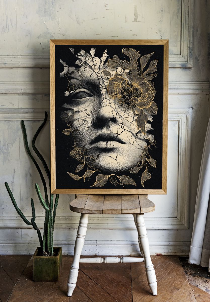 Cracked Face Floral Surrealism Poster. — room view 1