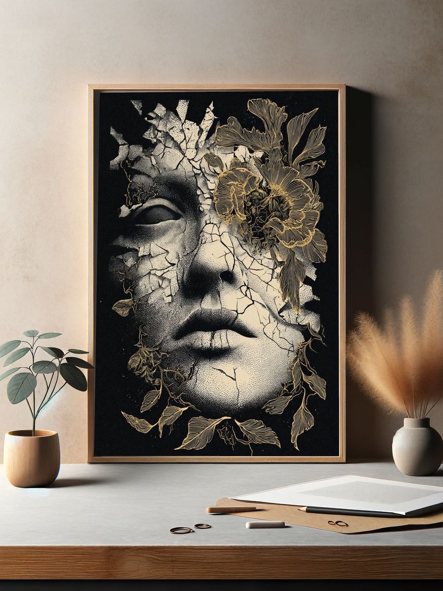 Cracked Face Floral Surrealism Poster. — room view 2