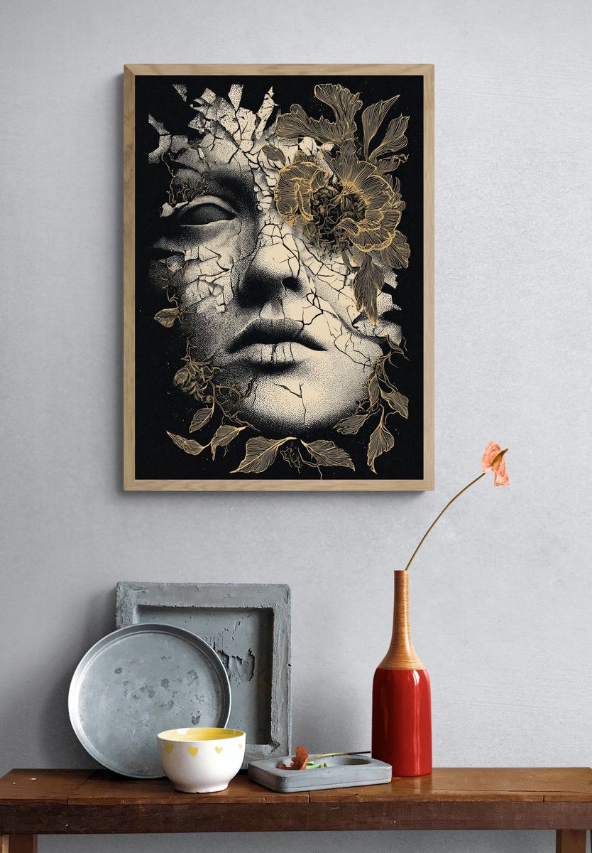 Cracked Face Floral Surrealism Poster. — room view 3