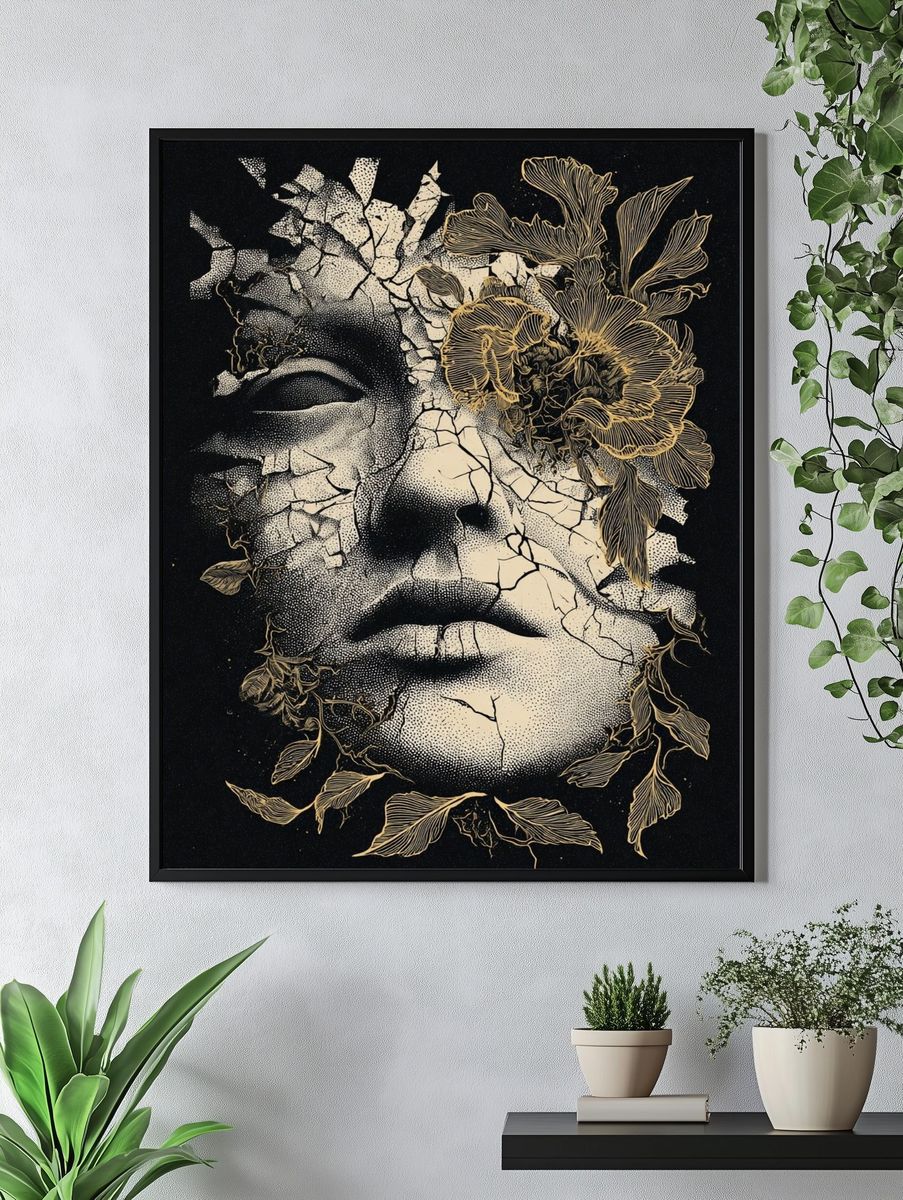 Cracked Face Floral Surrealism Poster. — room view 4