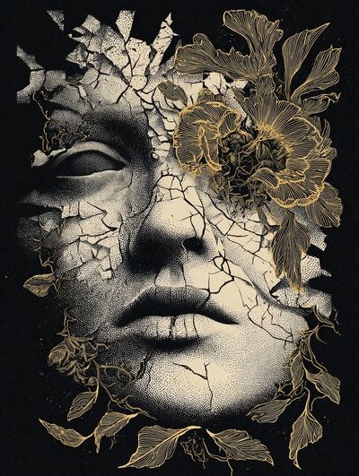 Cracked Face Floral Surrealism Poster. poster print
