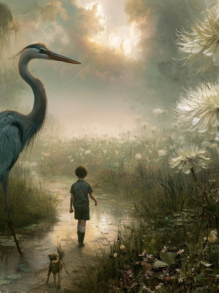 Dreamlike Heron Garden Print. poster detail
