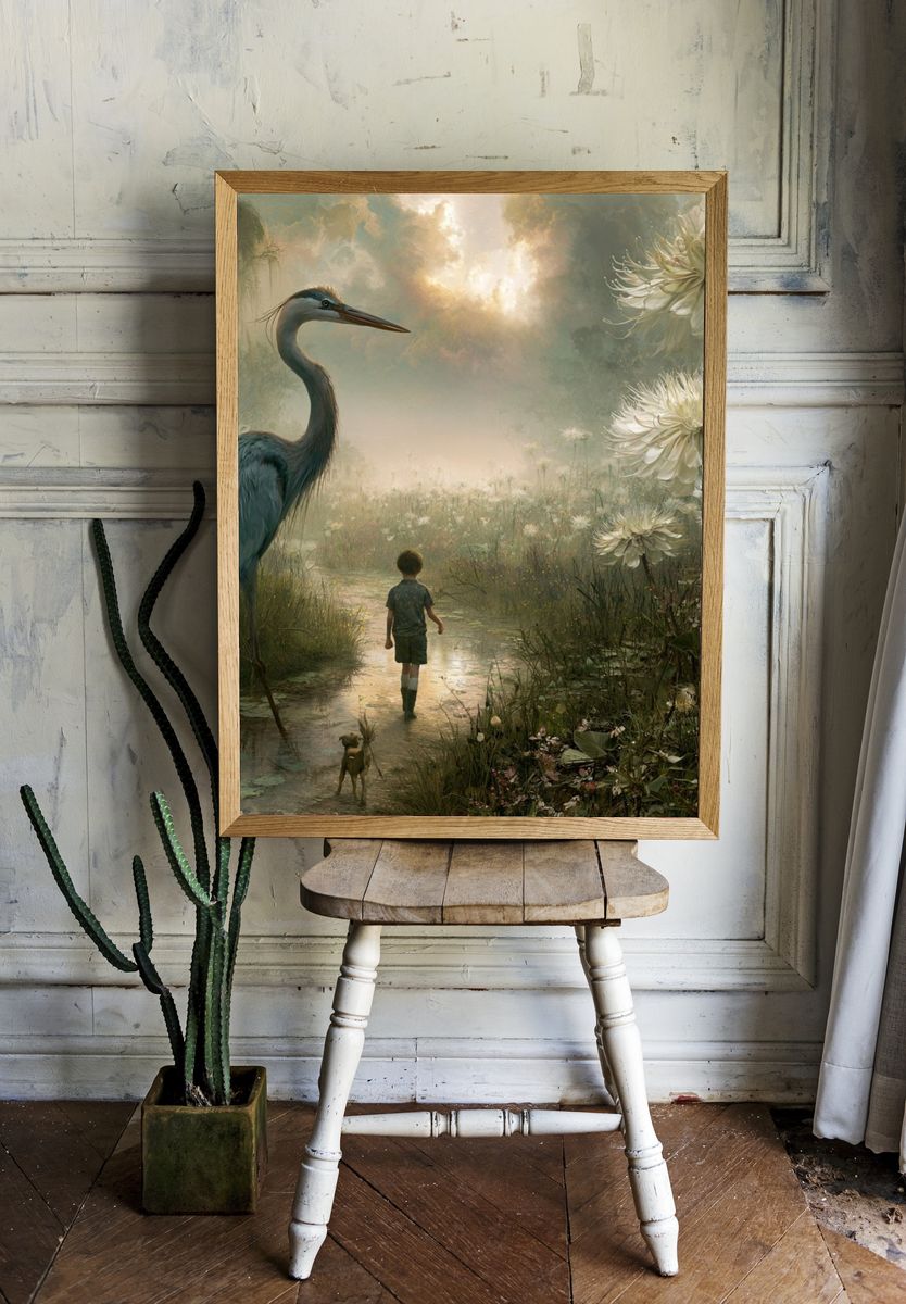 Dreamlike Heron Garden Print. room preview