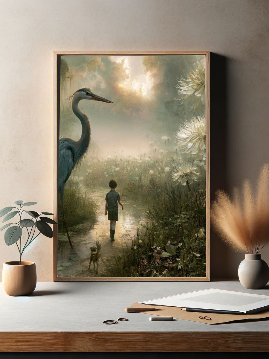 Dreamlike Heron Garden Print. — room view 2