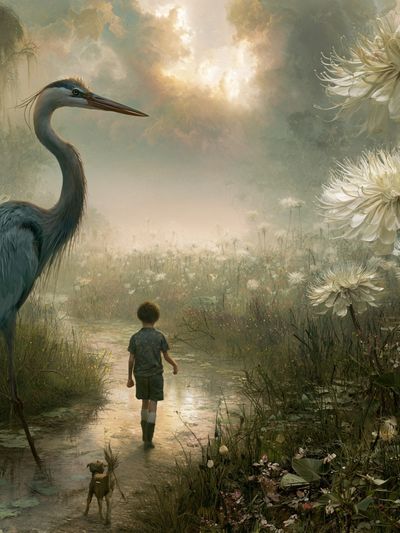 Dreamlike Heron Garden Print. poster