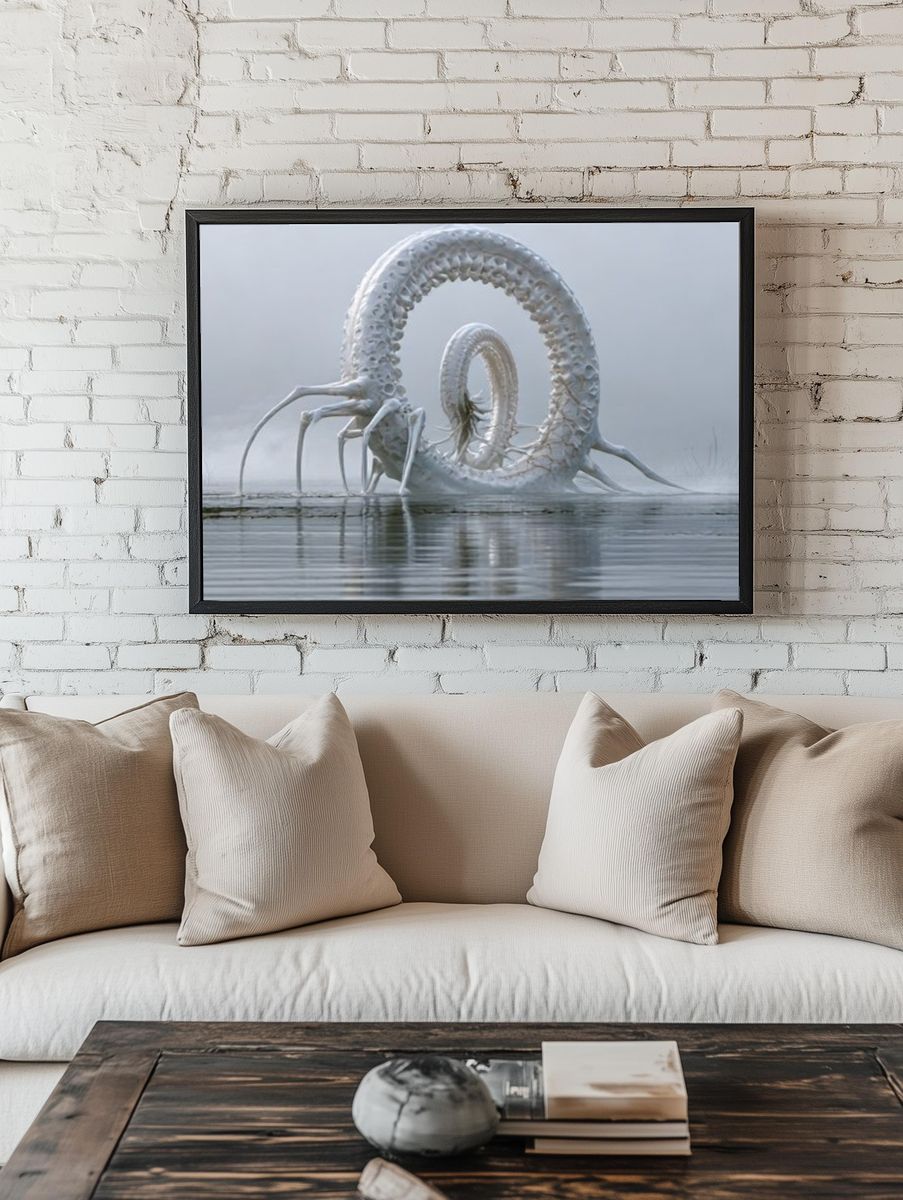 Surreal White Serpent Print. room preview