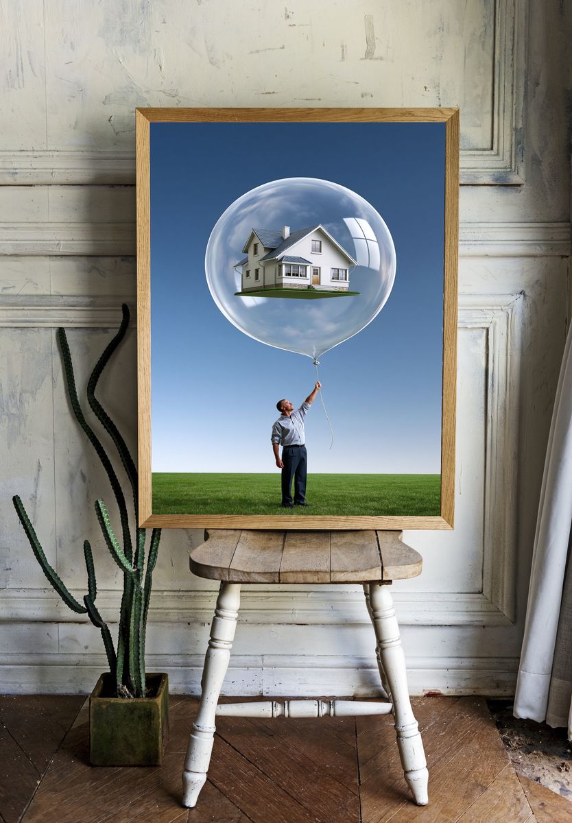 House in Balloon Surrealism Print. room preview