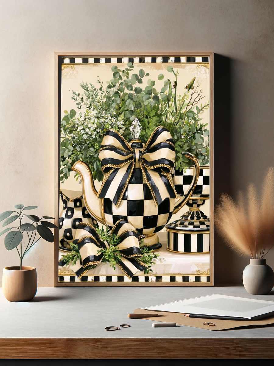 Checkerboard Teapot Still Life Poster. — room view 2
