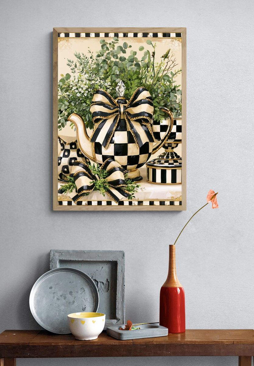 Checkerboard Teapot Still Life Poster. — room view 3