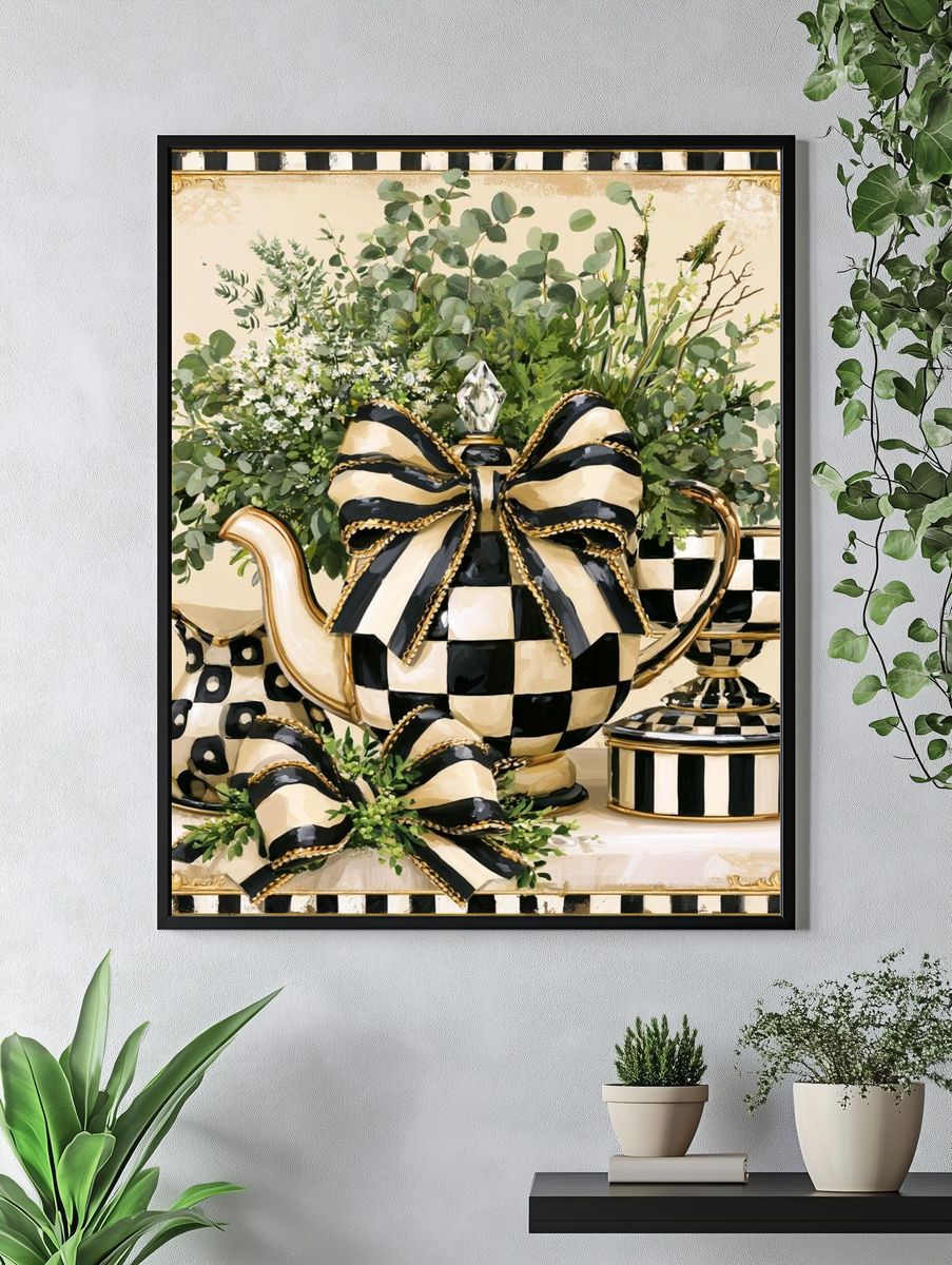 Checkerboard Teapot Still Life Poster. — room view 4
