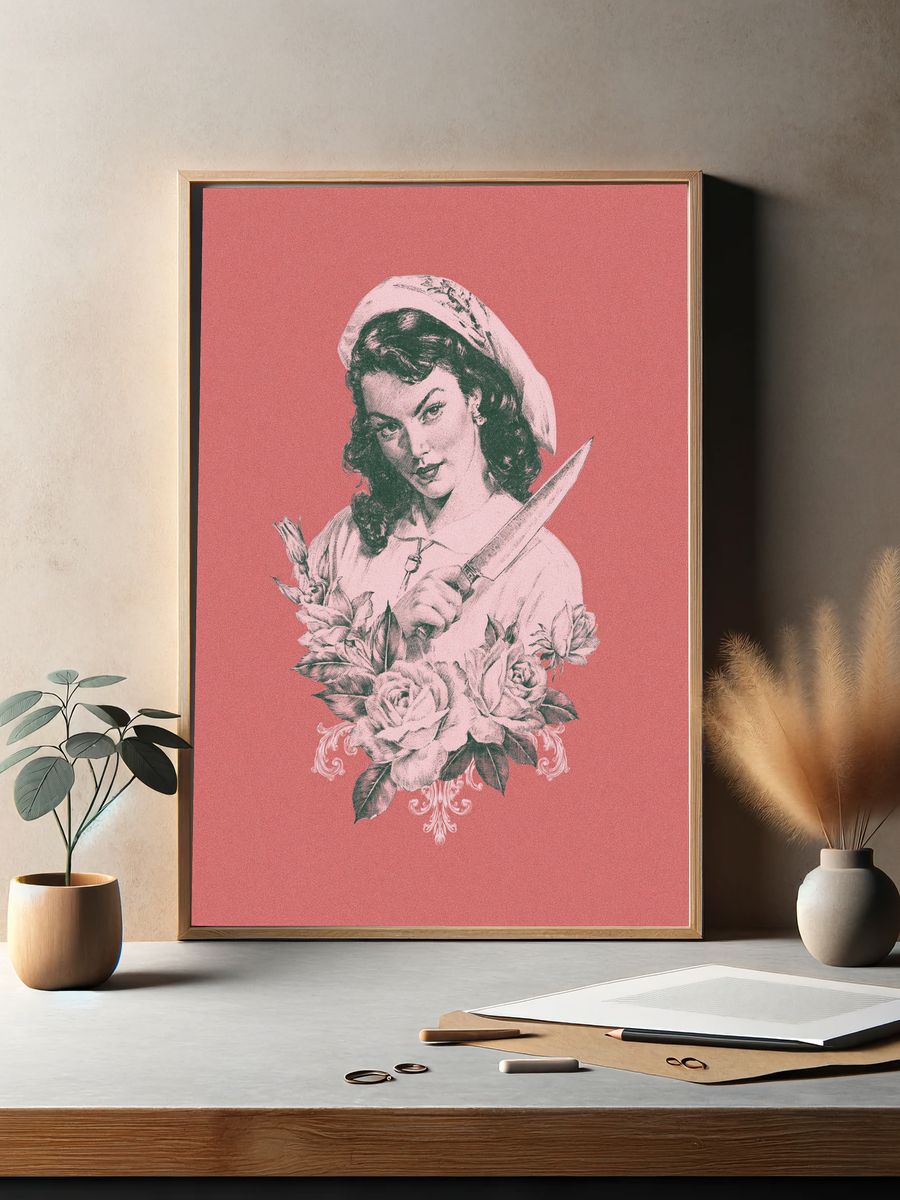 Vintage Woman with Knife Print. — room view 2