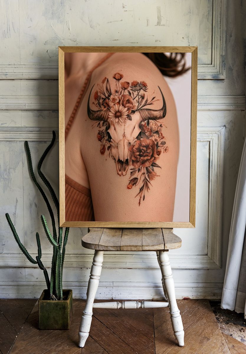 Floral Bull Skull Photography Poster. — room view 1