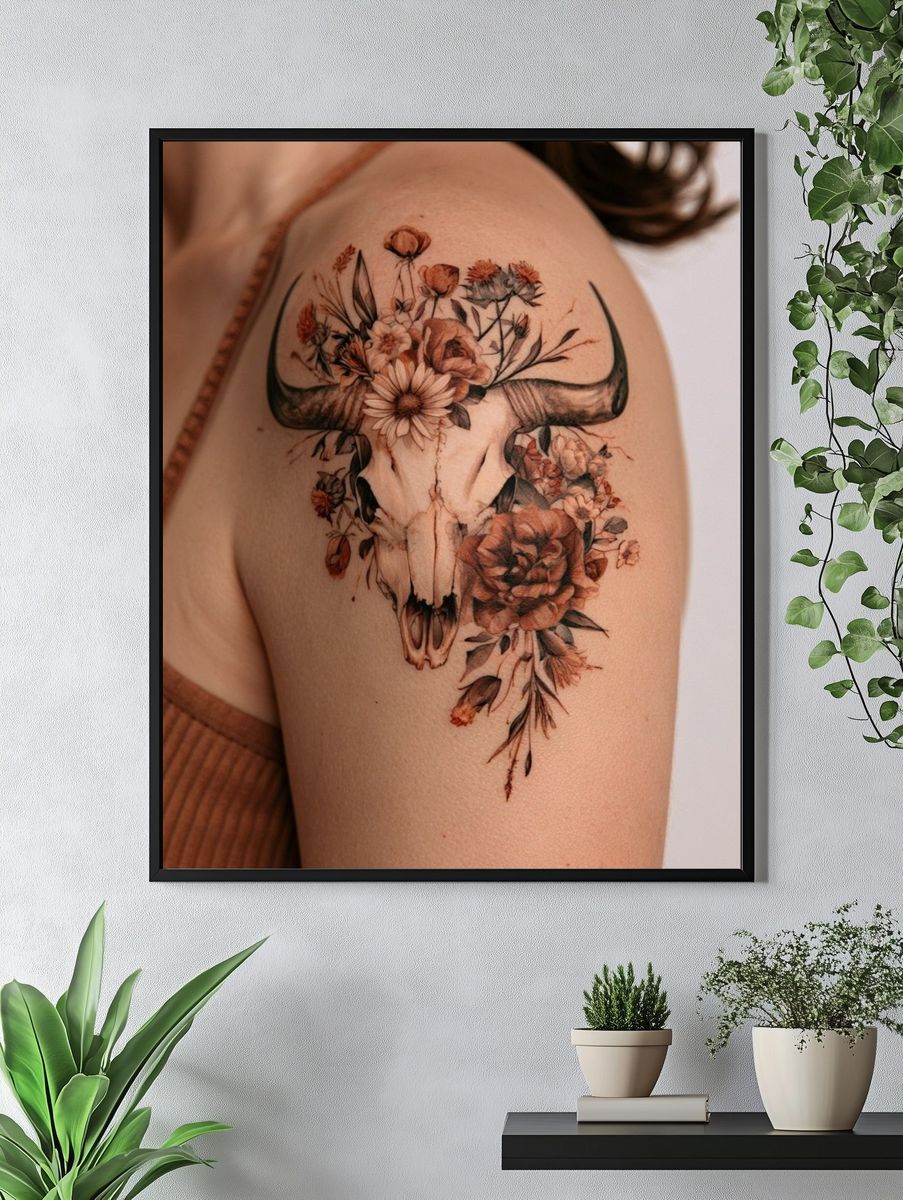 Floral Bull Skull Photography Poster. — room view 4