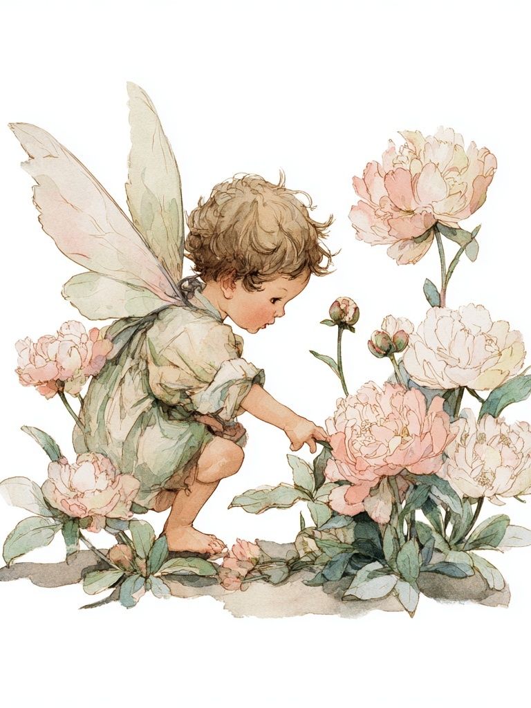 Fairy Child Among Peonies — Watercolor Print. poster detail