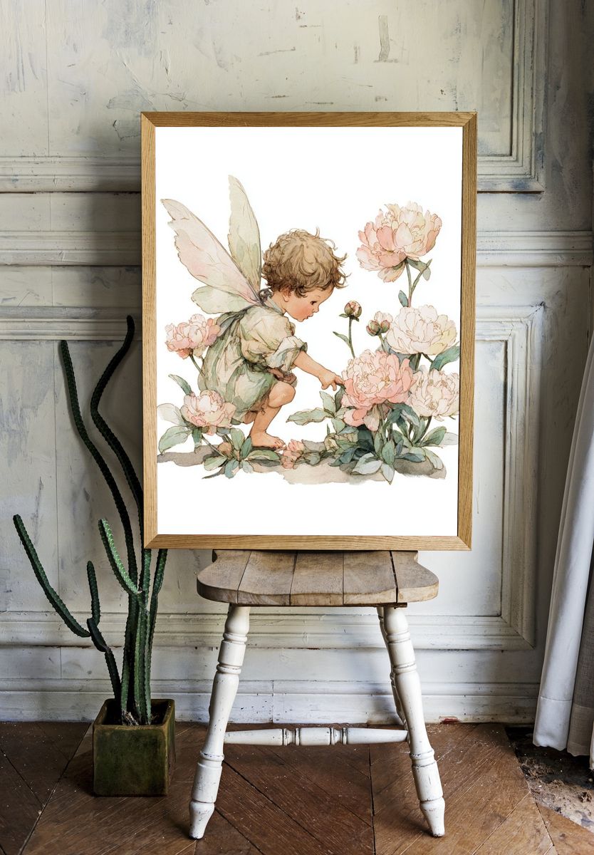 Fairy Child Among Peonies — Watercolor Print. — room view 1