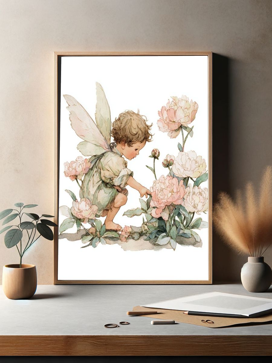Fairy Child Among Peonies — Watercolor Print. — room view 2