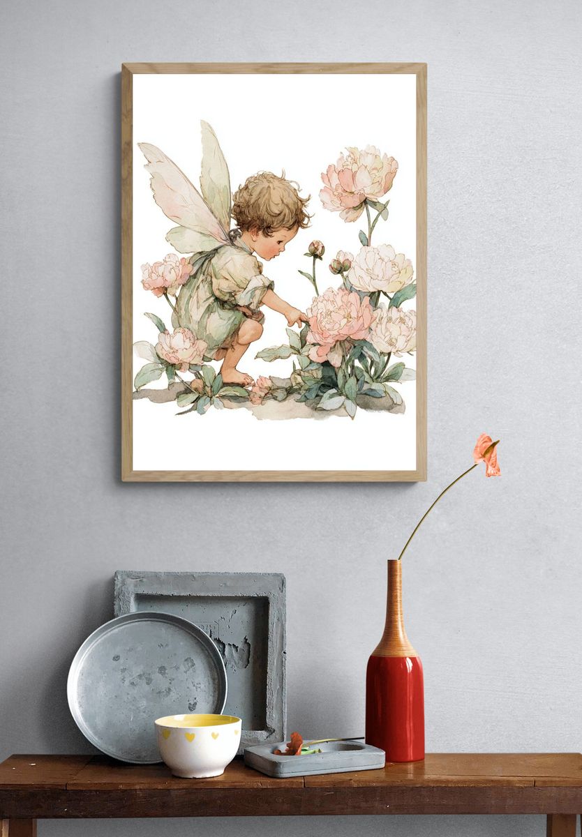 Fairy Child Among Peonies — Watercolor Print. — room view 3