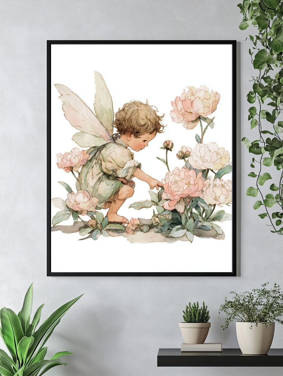 Fairy Child Among Peonies — Watercolor Print. — room view 4