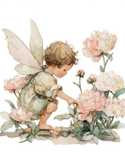 Fairy Child Among Peonies — Watercolor Print. poster
