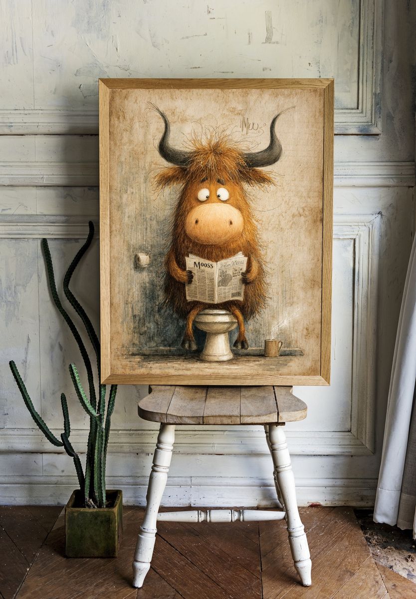 Funny Cow Reading Newspaper — Illustration Print. — room view 1