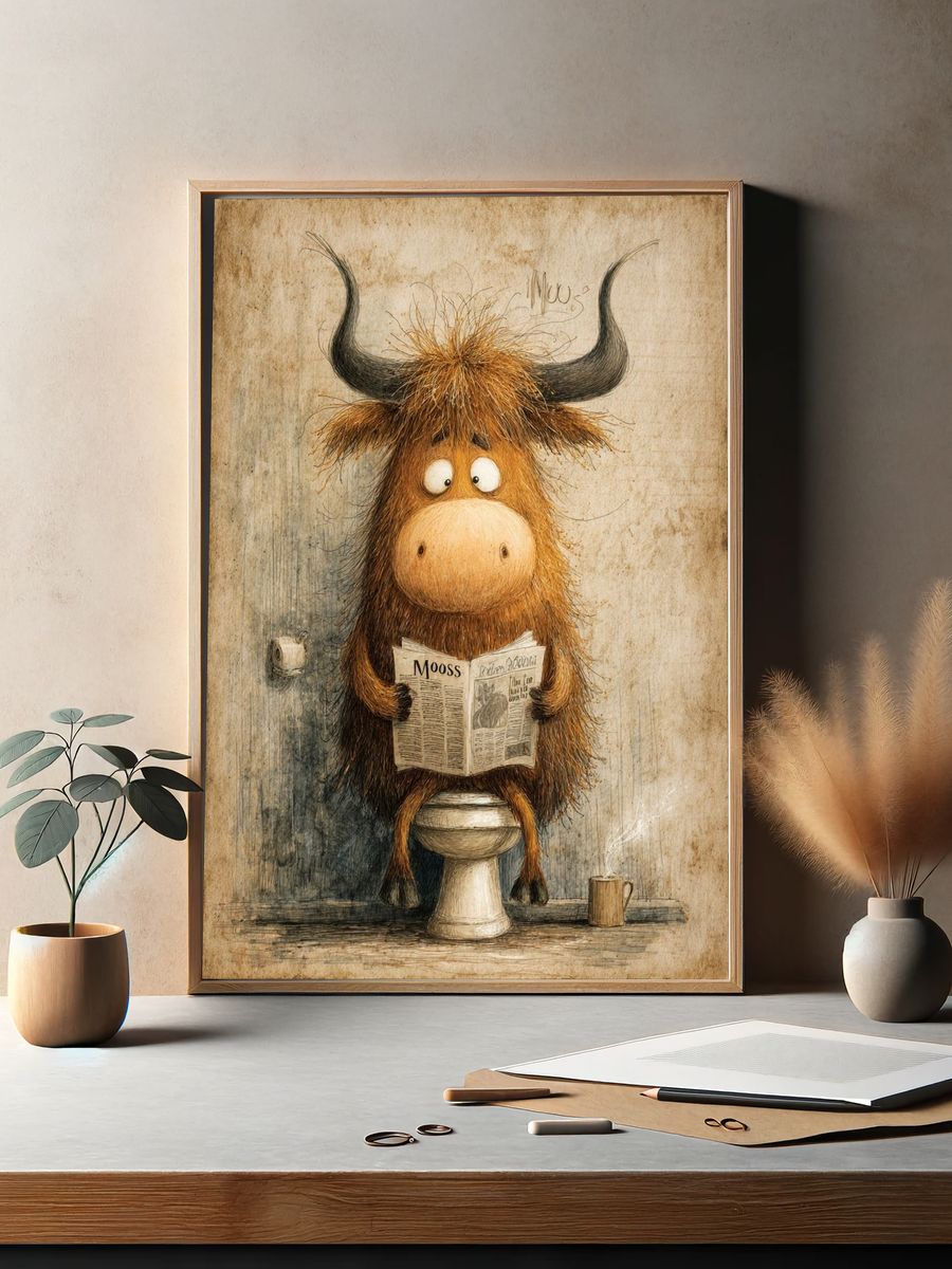 Funny Cow Reading Newspaper — Illustration Print. — room view 2