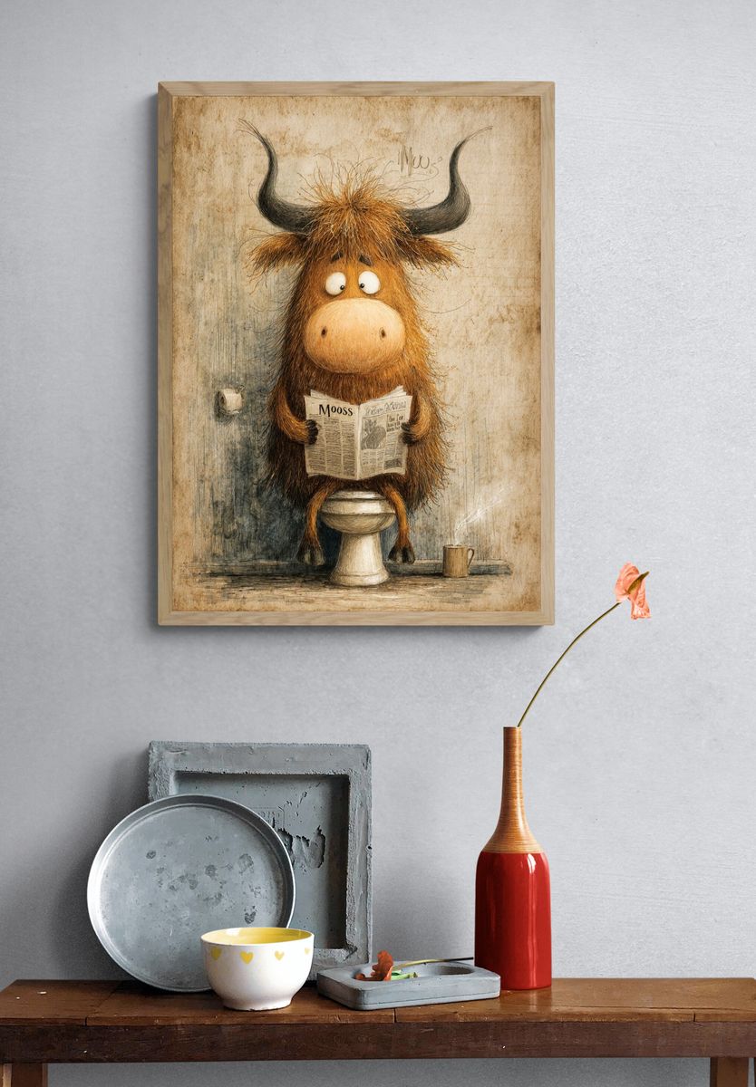 Funny Cow Reading Newspaper — Illustration Print. — room view 3