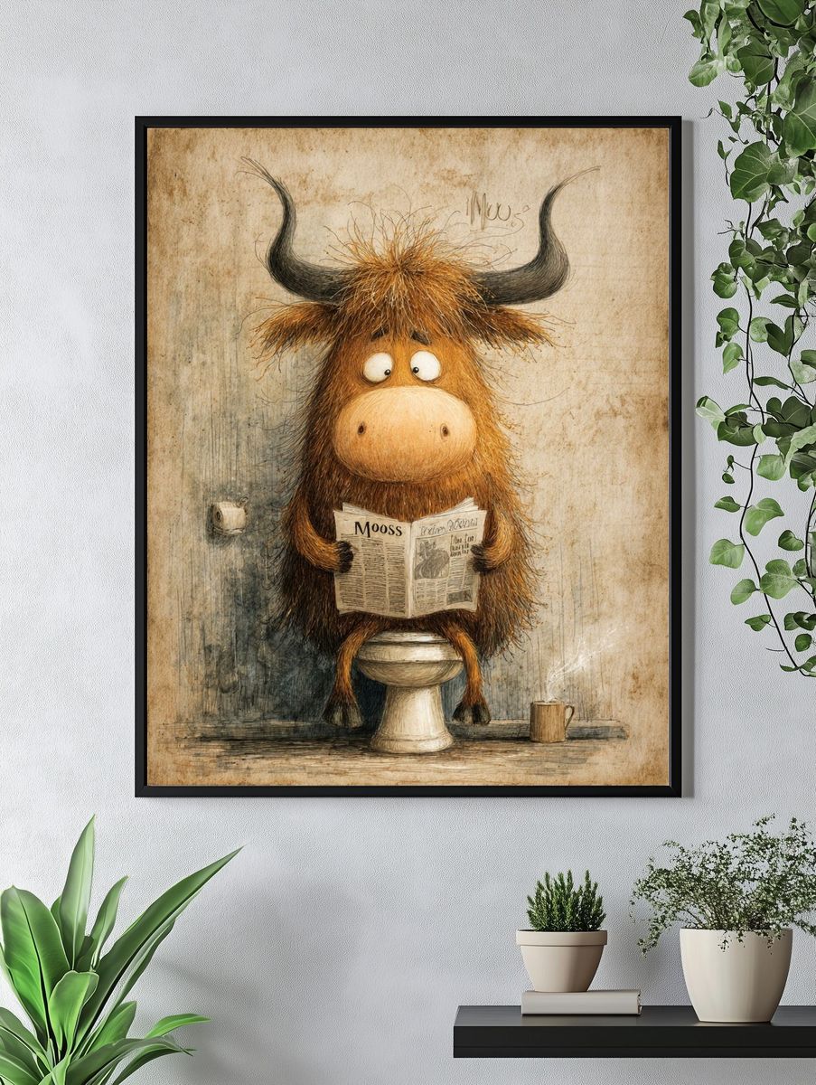 Funny Cow Reading Newspaper — Illustration Print. — room view 4
