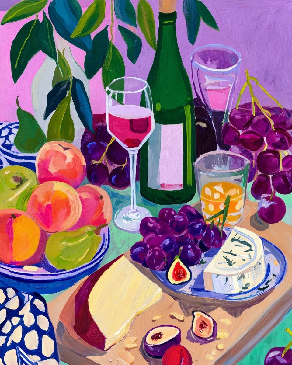 Vibrant Fruit and Wine Still Life Poster. poster — food-drink art