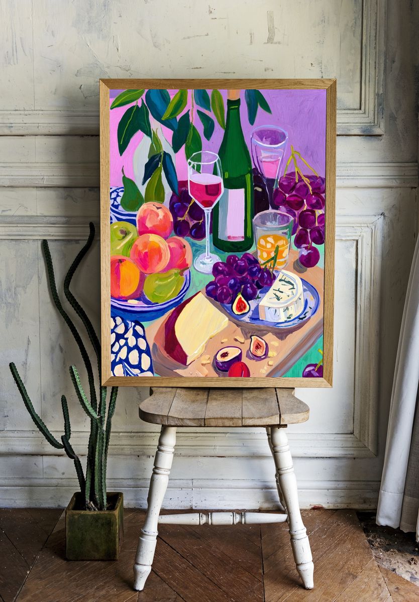 Vibrant Fruit and Wine Still Life Poster. room preview