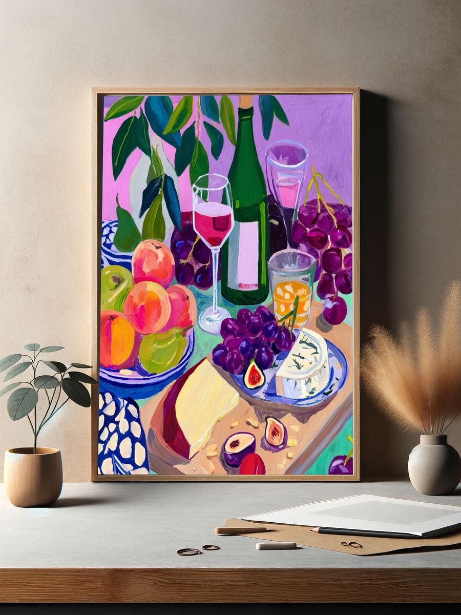 Vibrant Fruit and Wine Still Life Poster. — room view 2