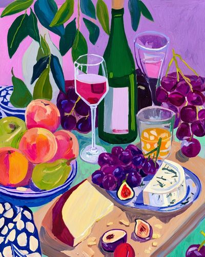Vibrant Fruit and Wine Still Life Poster.