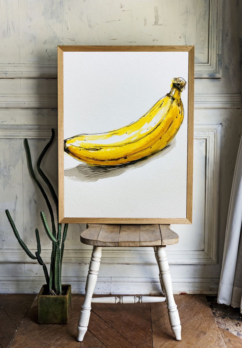 Yellow Banana Watercolor Print. room preview