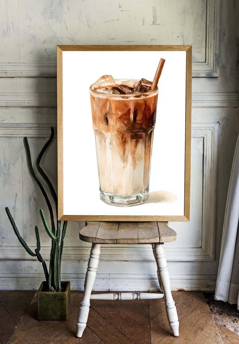 Iced Coffee Watercolor Print. room preview