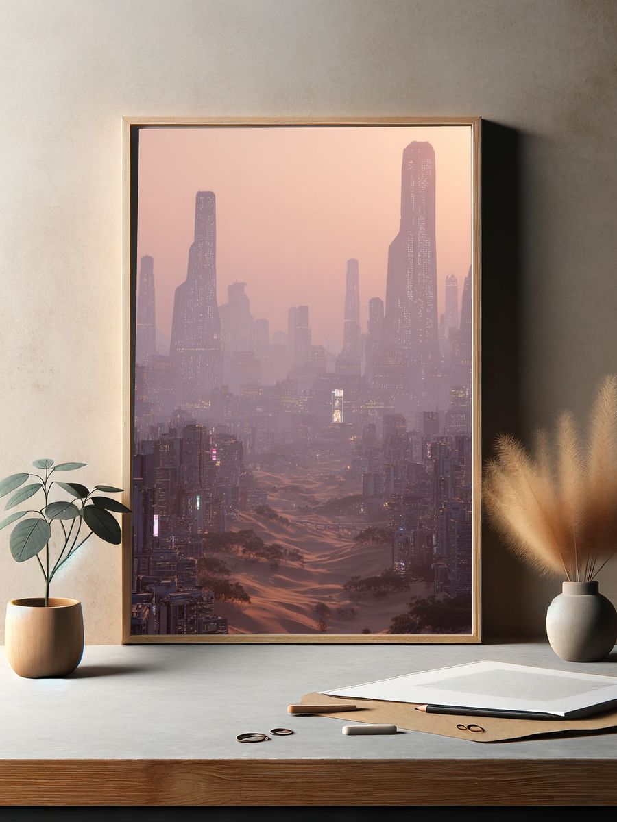 Futuristic Desert Cityscape — Digital Art Print. — room view 2