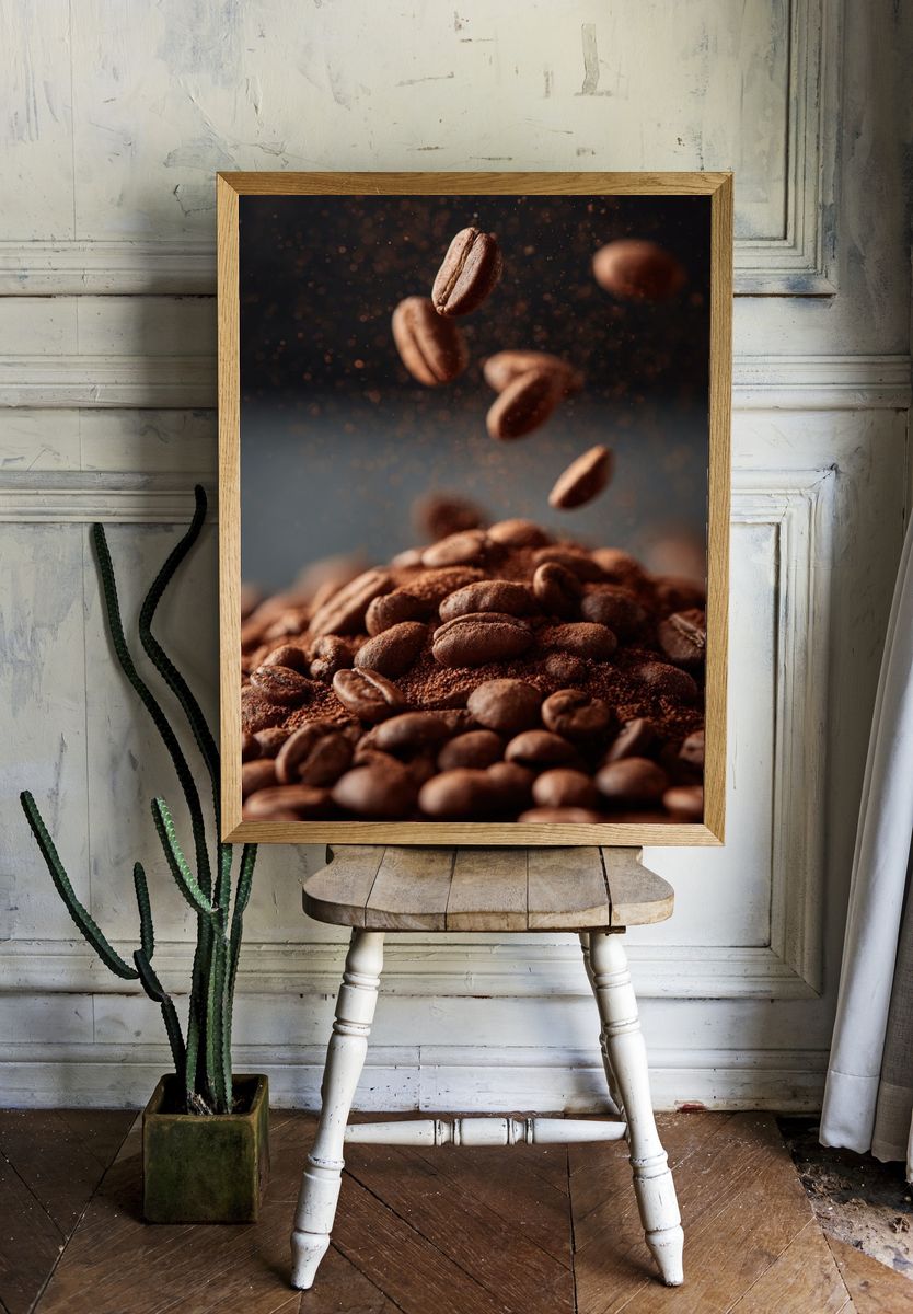 Floating Coffee Beans Photography Poster. — room view 1