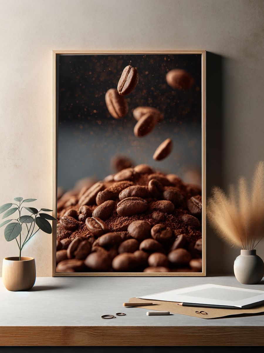 Floating Coffee Beans Photography Poster. — room view 2