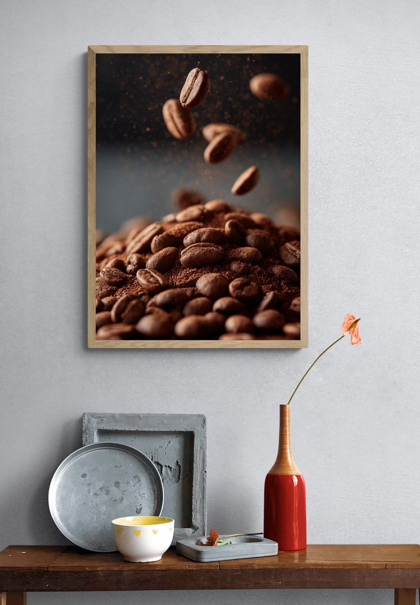 Floating Coffee Beans Photography Poster. — room view 3