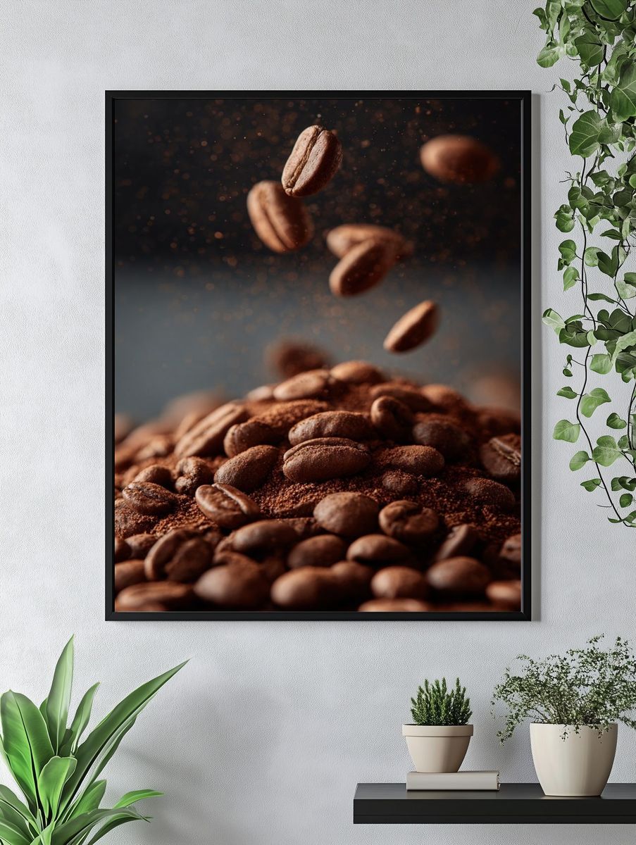 Floating Coffee Beans Photography Poster. — room view 4