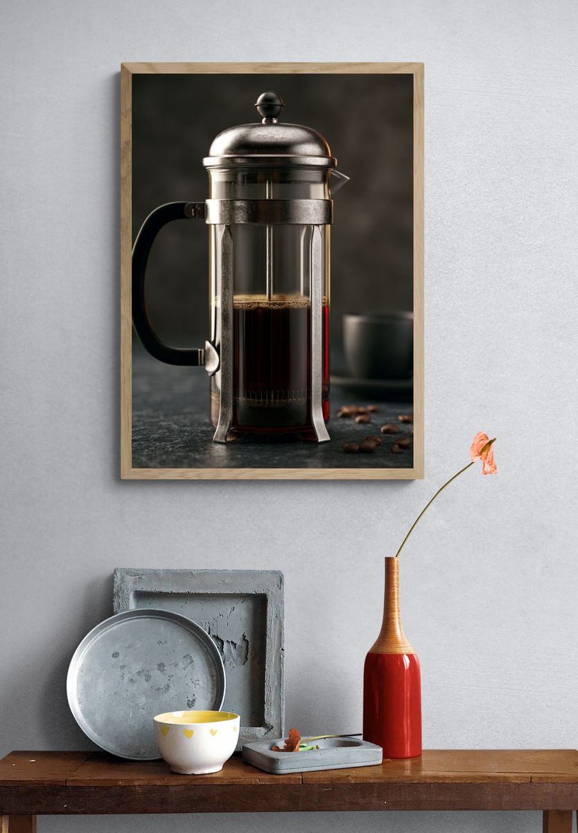 French Press Coffee Still Life Poster. — room view 3