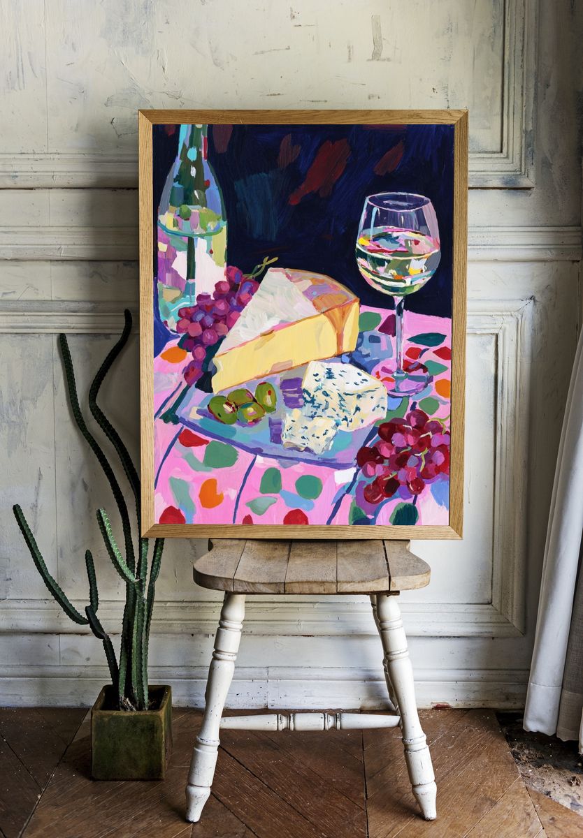 Cheese and Wine Still Life Print. — room view 1