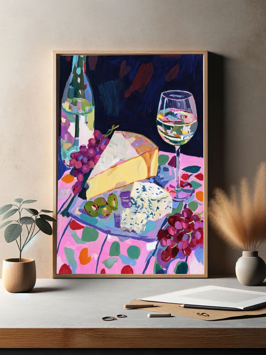 Cheese and Wine Still Life Print. — room view 2