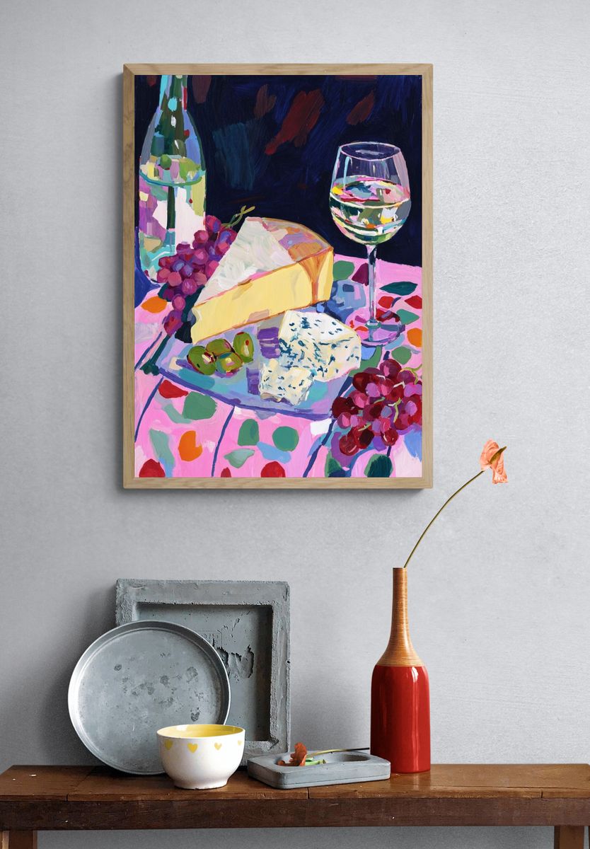 Cheese and Wine Still Life Print. — room view 3
