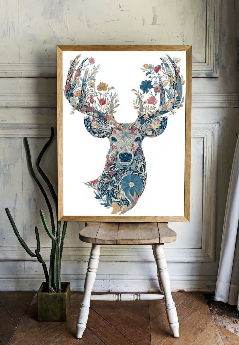 Floral Deer Illustration Poster. — room view 1
