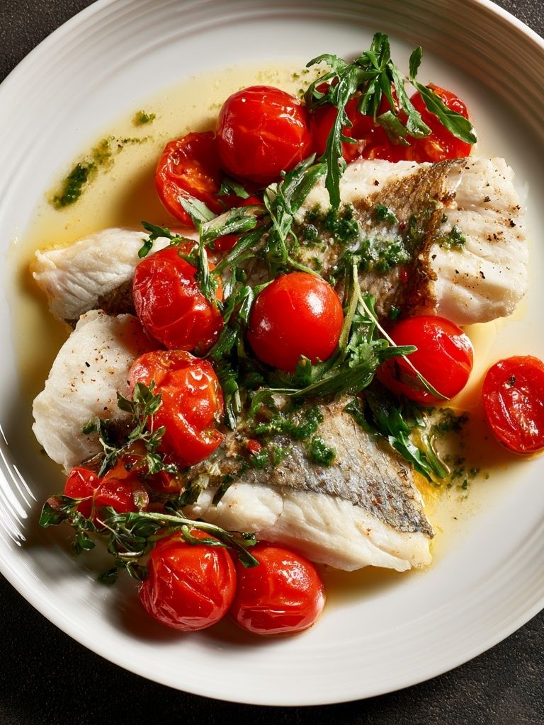 Seared Fish with Tomatoes Food-Drink Poster. poster — food-drink art