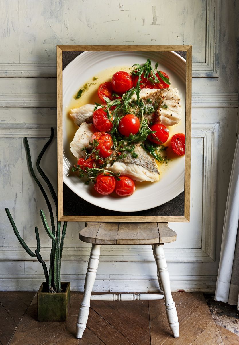 Seared Fish with Tomatoes Food-Drink Poster. — room view 1