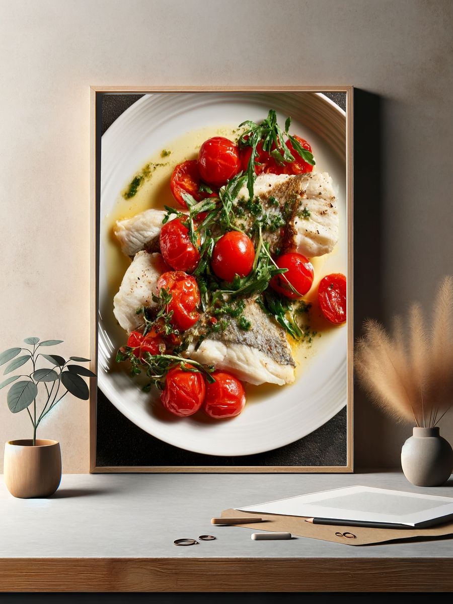 Seared Fish with Tomatoes Food-Drink Poster. — room view 2