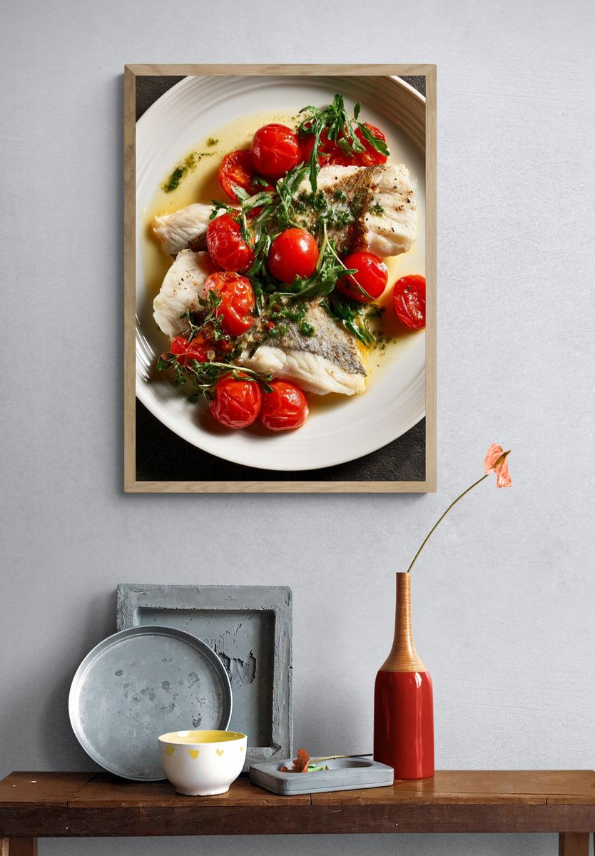 Seared Fish with Tomatoes Food-Drink Poster. — room view 3